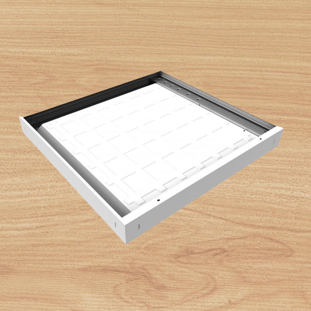 Canarm LPL22-FRAME aluminum LED panel mounting frame for 2x2 ceiling light installation, displayed on wood surface.