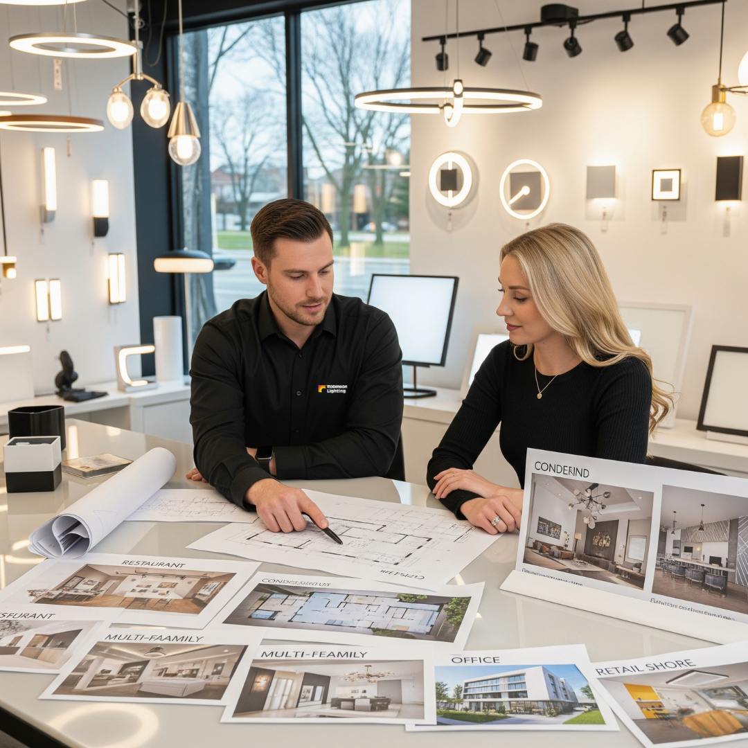 Robinson lighting specialist assisting an interior designer and builder with lighting project