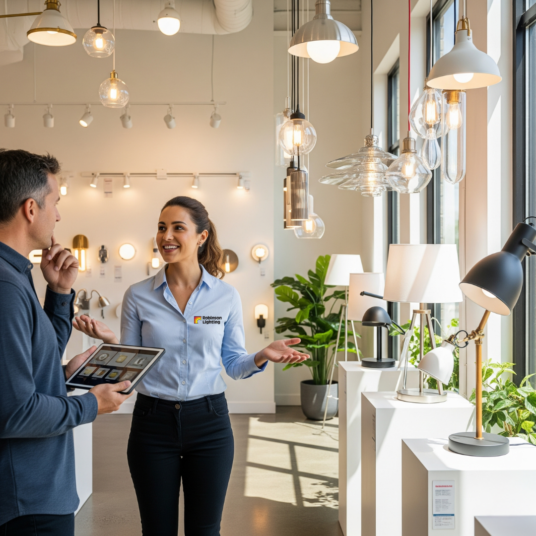 Robinson lighting specialist helping a customer at the showroom